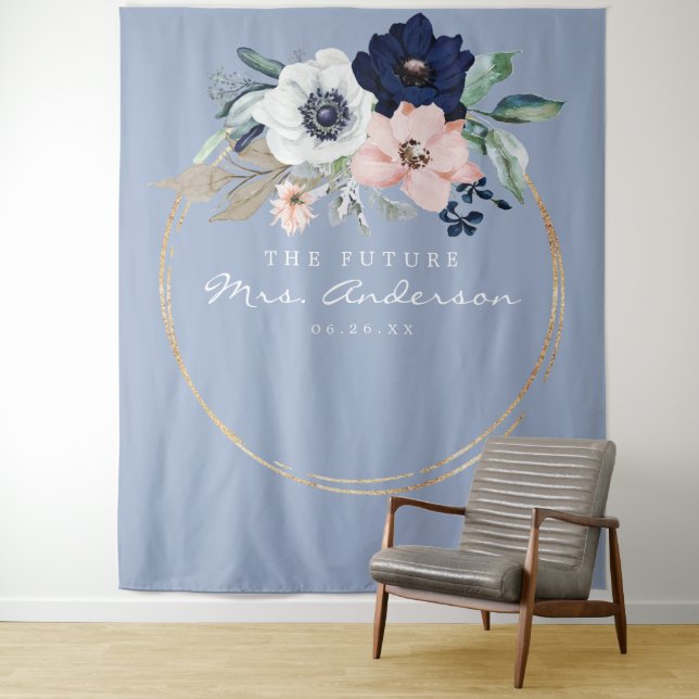 Navy Blooms Future Mrs Bridal Shower Backdrop Tapestry (In Situ)