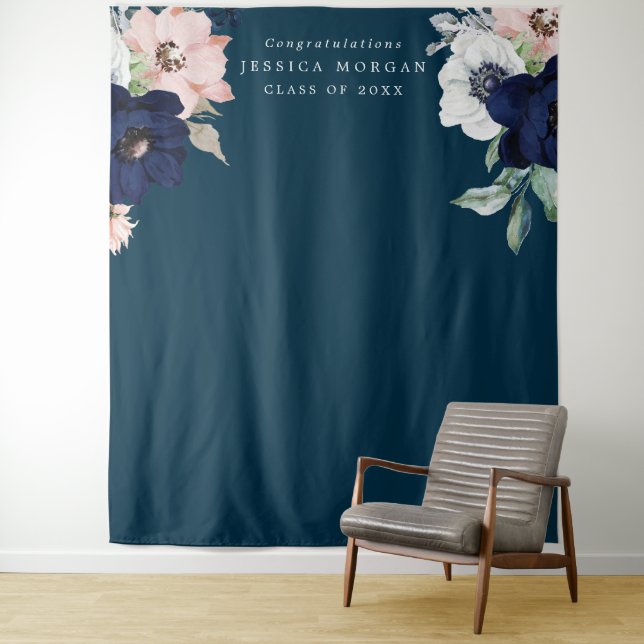 Navy Blooms Graduation Backdrop Photo Booth Tapestry (In Situ)