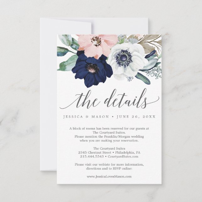 Navy Blooms Wedding Details Card (Front)