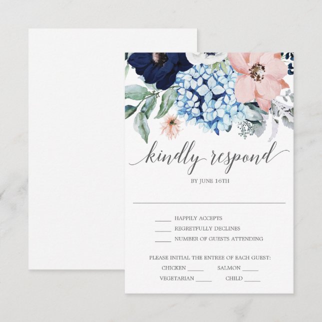 Navy Blooms Wedding RSVP Card (Front/Back)