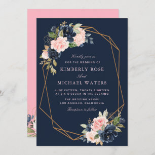 Navy blossom pink floral geometric wedding invitation