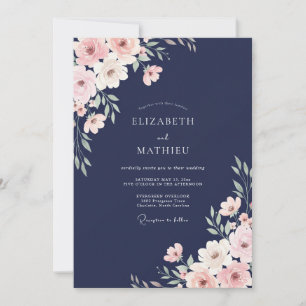 Navy Blossom Romance Wedding Invitation