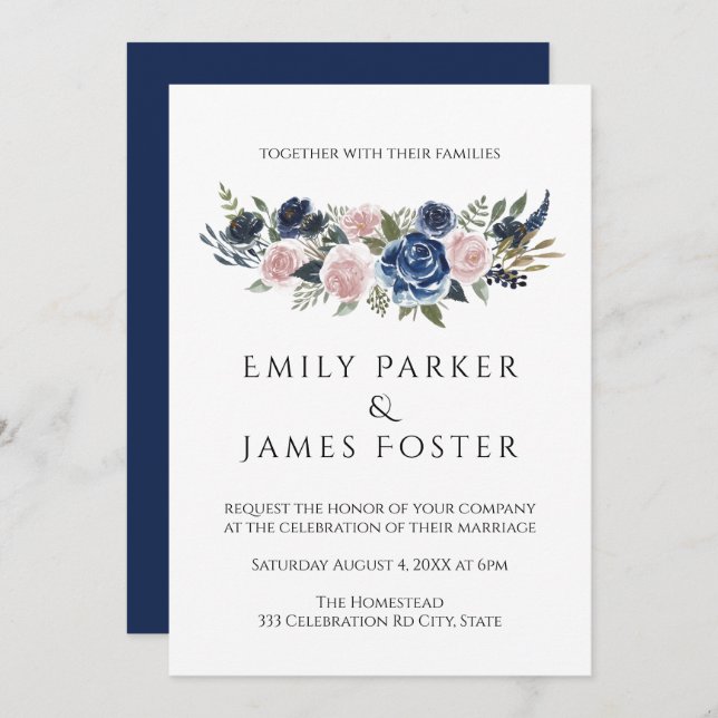 Navy Blu & Blush Floral Elegant Wedding Invitation (Front/Back)