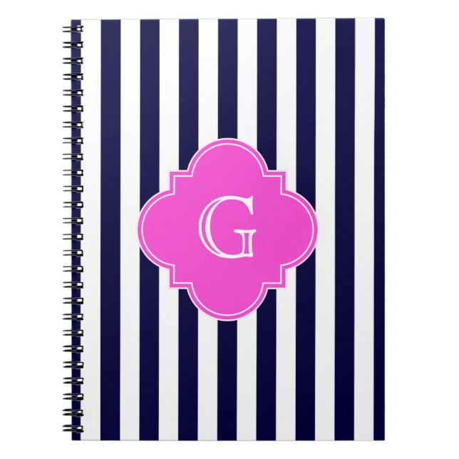 Navy Blu White Stripe Hot Pink Quatrefoil Monogram Spiral Notebook (Front)