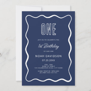 Navy Blue1st Birthday Invitation with Wavy Border
