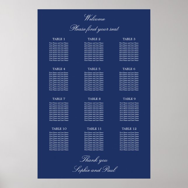 Navy Blue 12 Table Wedding Seating Chart Poster (Front)