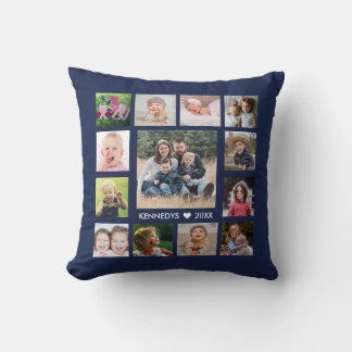 Navy Blue 13 Photo Collage Family Name Striped Cushion