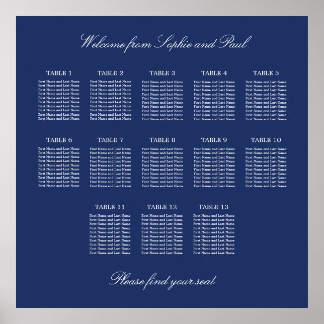 Navy Blue 13 Table Wedding Seating Chart Poster (Front)