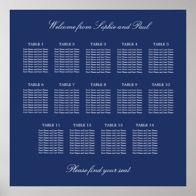Navy Blue 14 Table Wedding Seating Chart Poster (Front)