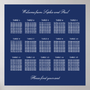 Navy Blue 15 Table Wedding Seating Chart Poster