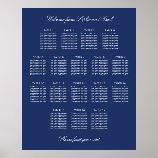 Navy Blue 17 Table Wedding Seating Chart Poster (Front)