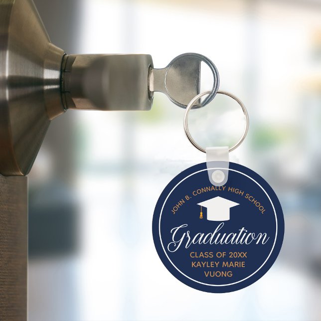 Navy Blue 2024 Graduation Gold Personalized School Key Ring (Creator Uploaded)