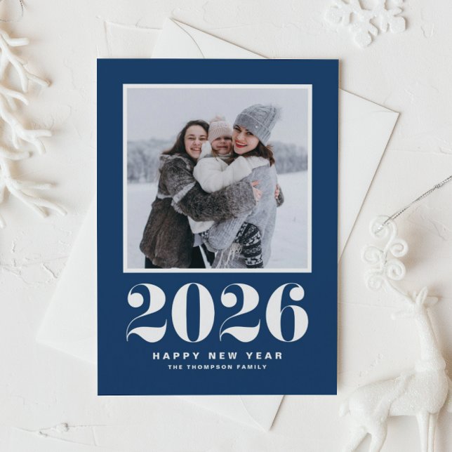 Navy Blue 2025 Bold Typography New Year Photo Holiday Card (Celebrate the start of 2026 with a stylish retro flair using this navy blue photo New Year card.)