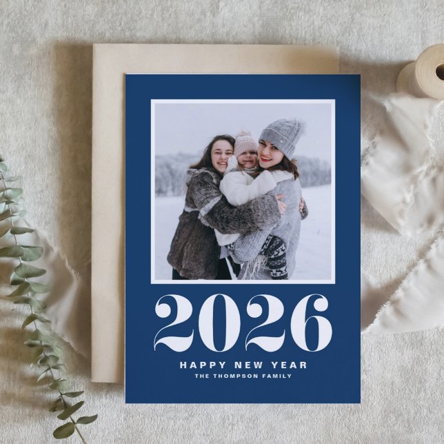 Navy Blue 2025 Bold Typography New Year Photo Holiday Card (Celebrate the start of 2026 with a stylish retro flair using this navy blue photo New Year card.)