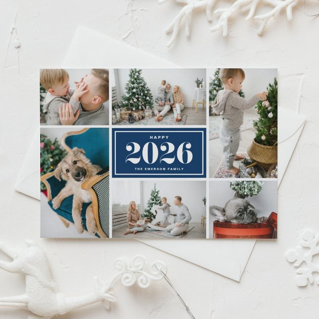 Navy Blue 2025 Happy New Year Photo Collage Holiday Card (Send 2026 new year cheer with this customizable navy blue photo collage Happy New Year Photo Card. )