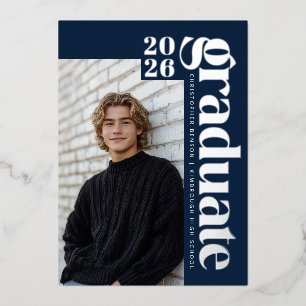 Navy Blue 2026 Bold Modern Photo Graduation Silver
