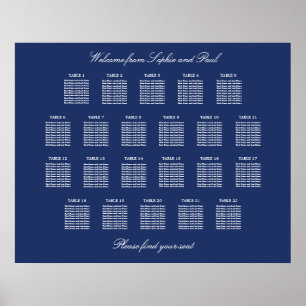 Navy Blue 22 Table Wedding Seating Chart Poster