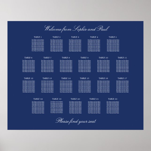Navy Blue 22 Table Wedding Seating Chart Poster (Front)