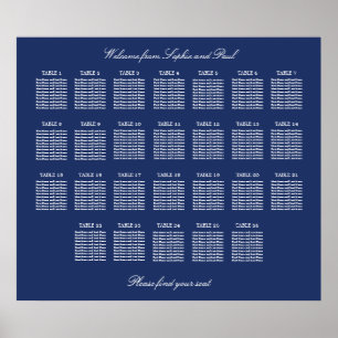 Navy Blue 26 Table Wedding Seating Chart Poster