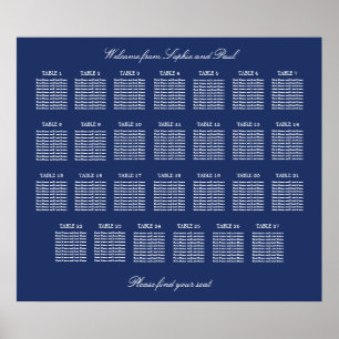 Navy Blue 27 Table Wedding Seating Chart Poster