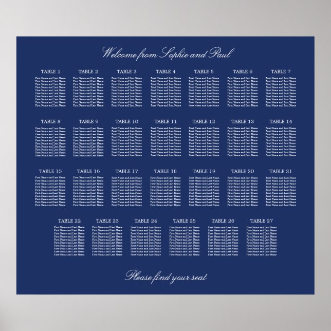 Navy Blue 27 Table Wedding Seating Chart Poster (Front)