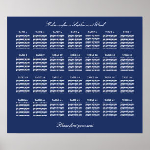 Navy Blue 28 Table Wedding Seating Chart Poster