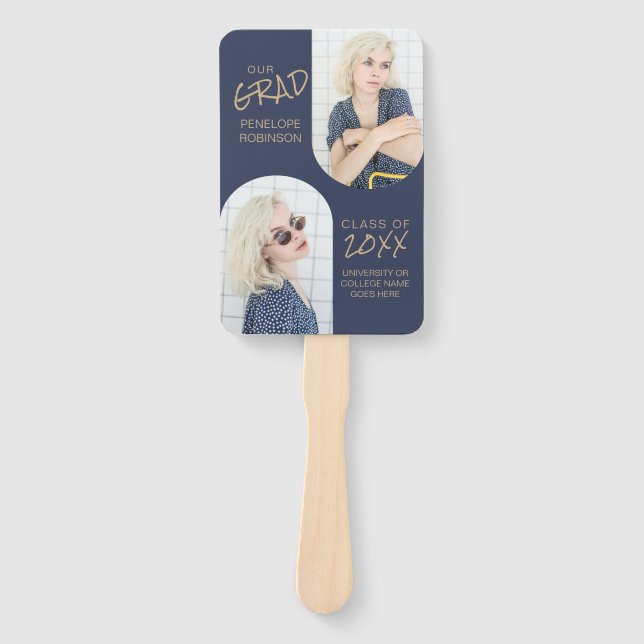 Navy Blue 2 Arched Photo Graduation Hand Fan (Front)