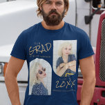Navy Blue 2 Arched Photo Graduation T-Shirt<br><div class="desc">Simple,  modern graduation tshirt,  featuring 2 arched photos,  over a navy blue background,  with gold template text which reads 'OUR GRAD,  THEIR NAME,  CLASS OF AND THEIR SCHOOL,  UNIVERSITY OR COLLEGE.' The font styles and background colour can be changed by clicking on the customise further link after personalising.</div>