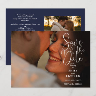 Navy Blue 2 Photo Elegant Script Wedding QR Code Save The Date