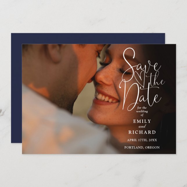 Navy Blue 2 Photo Elegant Script Wedding  Save The Date (Front/Back)