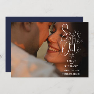 Navy Blue 2 Photo Elegant Script Wedding Save The Date