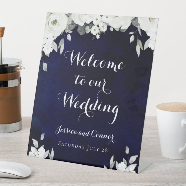 Navy Blue 2 White Peony Welcome To Our Wedding Pedestal Sign (In SItu)