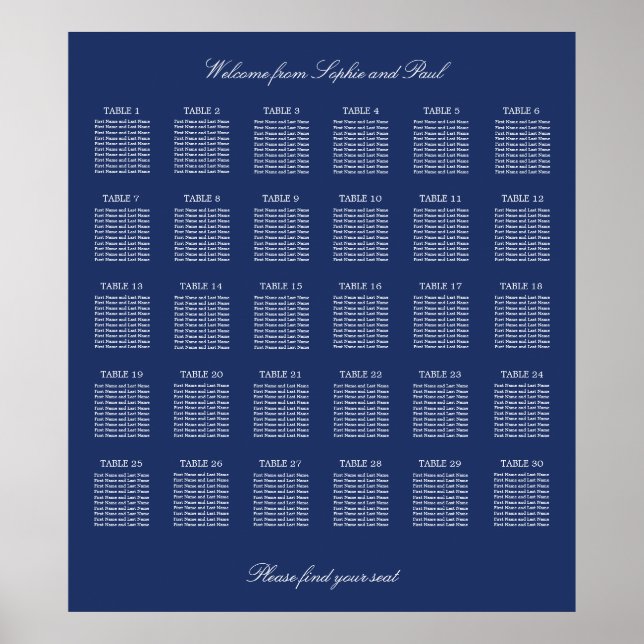 Navy Blue 30 Table Wedding Seating Chart Poster (Front)
