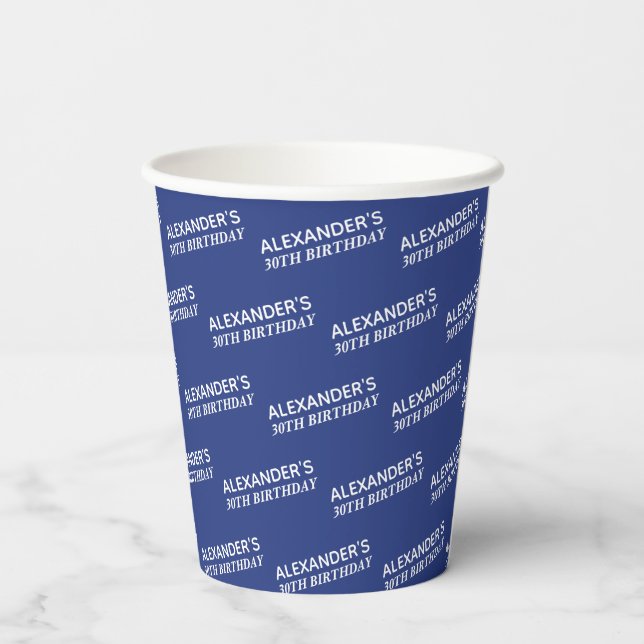 Navy Blue 30th Birthday Name  Paper Cups (Back)