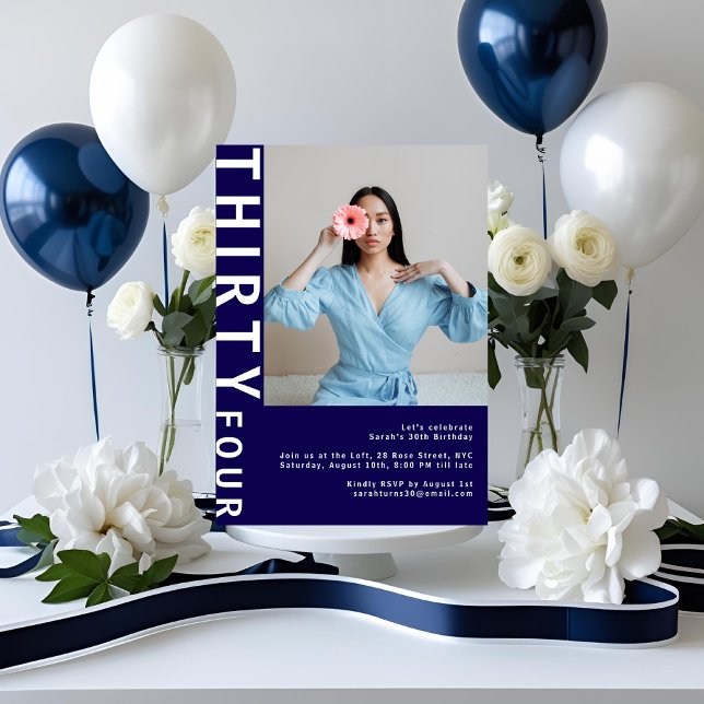 Navy Blue 34th Birthday Photo Invitation (Creator Uploaded)