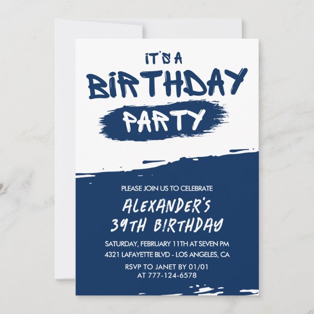 Navy Blue 39th birthday invitations Men Graffiti  (Front)