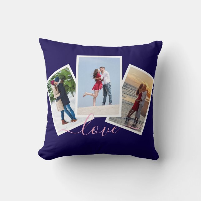 Navy Blue 3 Photo Collage Love Pink Script Cushion (Front)