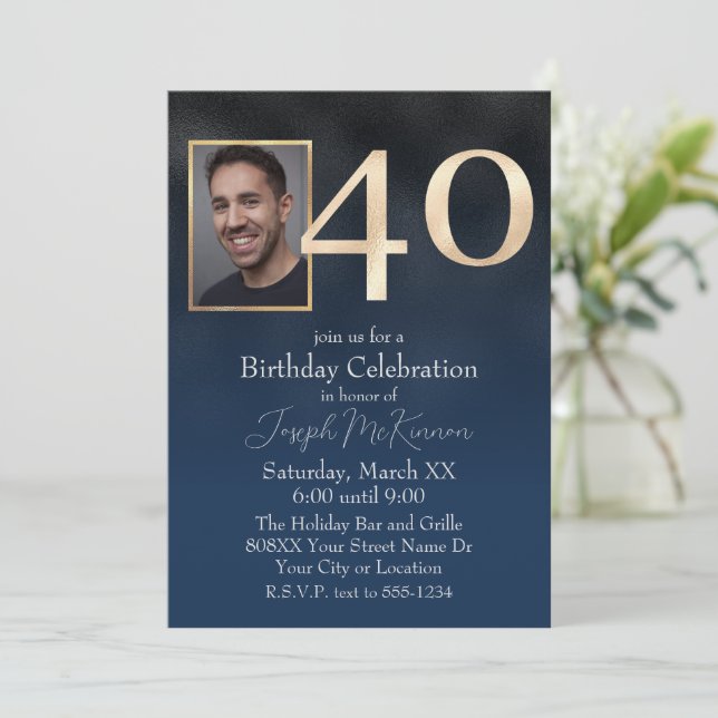 Navy Blue 40th Birthday Custom Photo Invitation (Standing Front)
