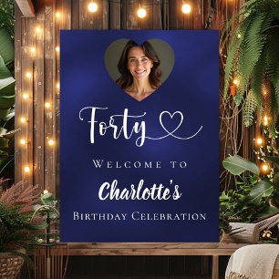 Navy blue 40th birthday party photo heart welcome poster