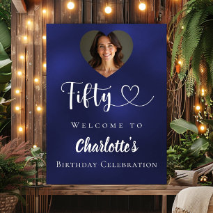 Navy blue 50th birthday party photo heart welcome poster