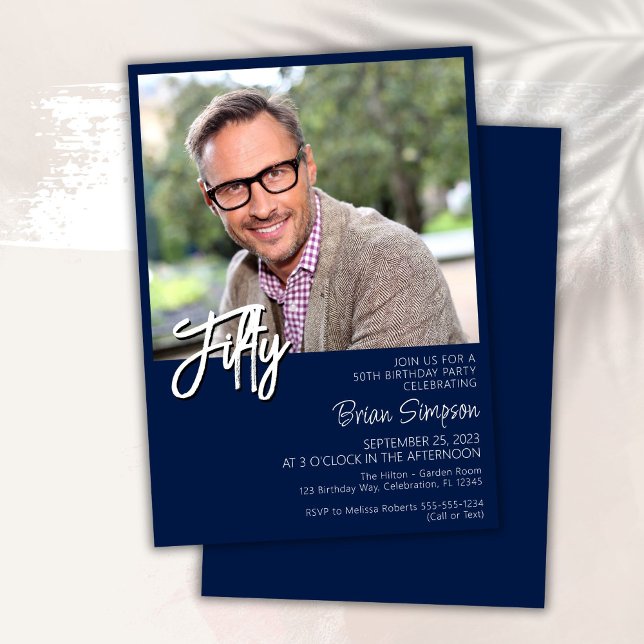 Navy Blue 50th Birthday Photo  Invitation (Creator Uploaded)