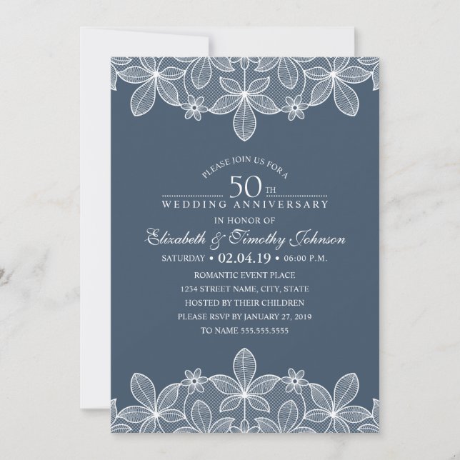 Navy Blue 50th Wedding Anniversary Elegant Lace Invitation (Front)