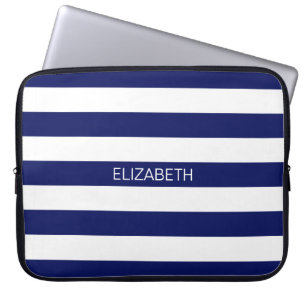 Navy Blue 5c Preppy Horiz Stripe Name Monogram Laptop Sleeve