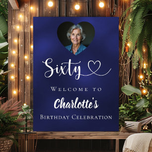 Navy blue 60th birthday party photo heart welcome poster