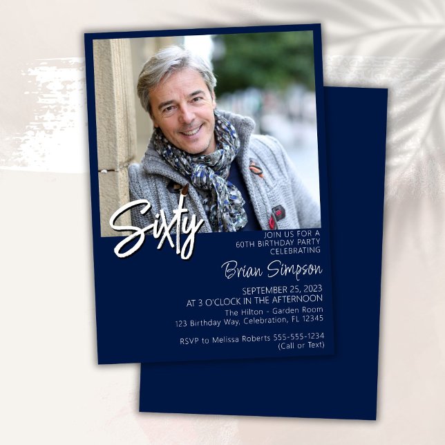Navy Blue 60th Birthday Photo  Invitation (Creator Uploaded)