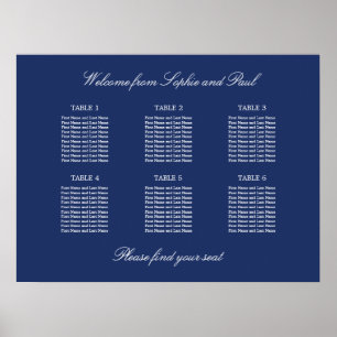 Navy Blue 6 Table Wedding Seating Chart Poster