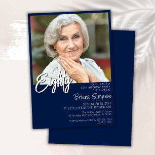 Navy Blue 80th Birthday Photo Invitation