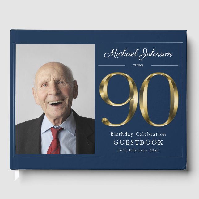 Navy Blue 90th Birthday Gold Typography Custom Guest Book (Front)