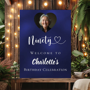 Navy blue 90th birthday party photo heart welcome poster