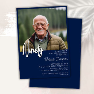 Navy Blue 90th Birthday Photo Invitation